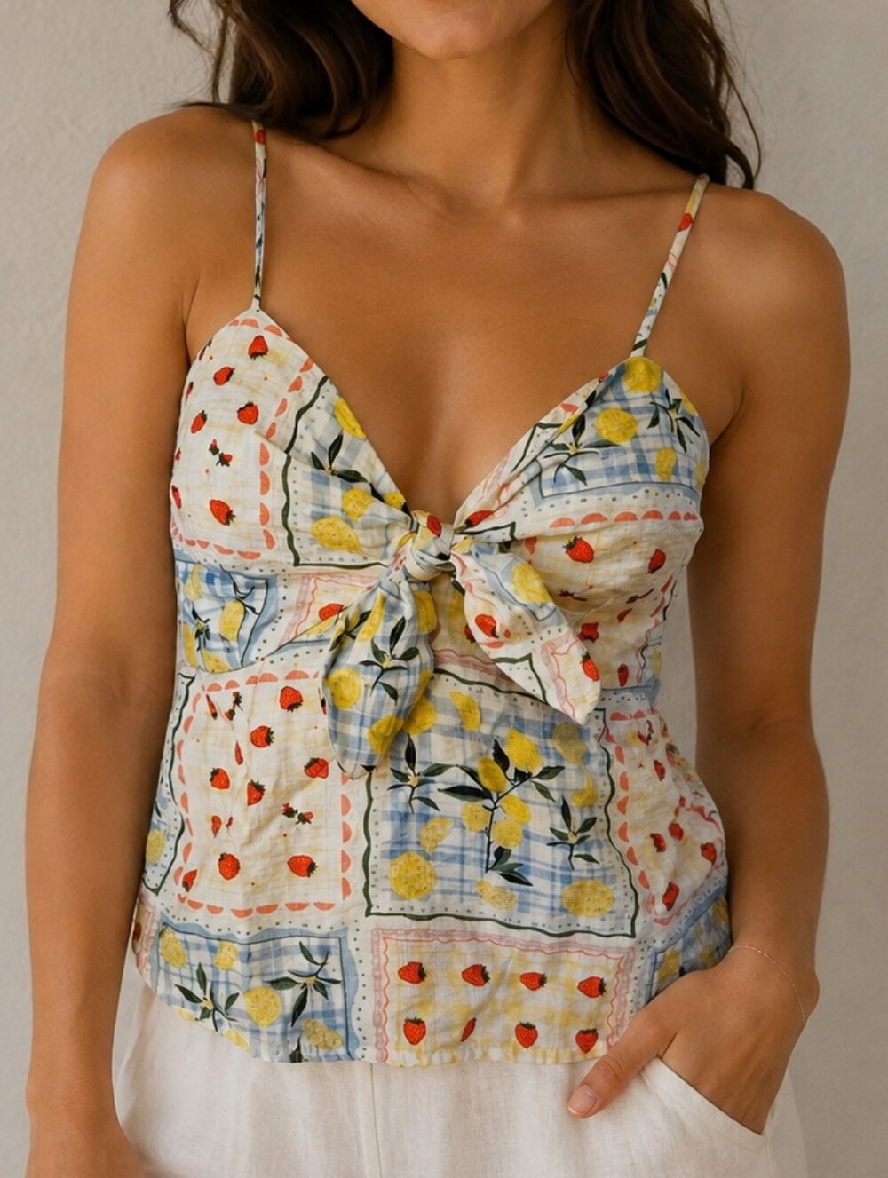 Vtg MONTEAU Tie-Front Garden Strawberries & Lemon Patchwork Cami Crop Top